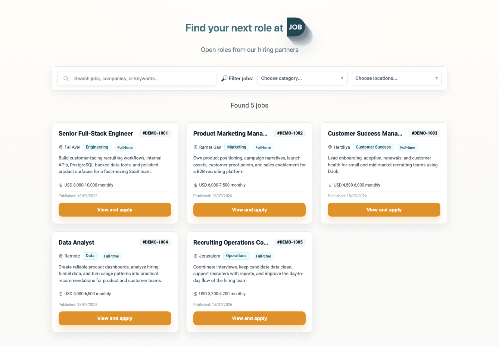 The public job board on the Djob demo, showing role cards with location, category, employment type and salary range