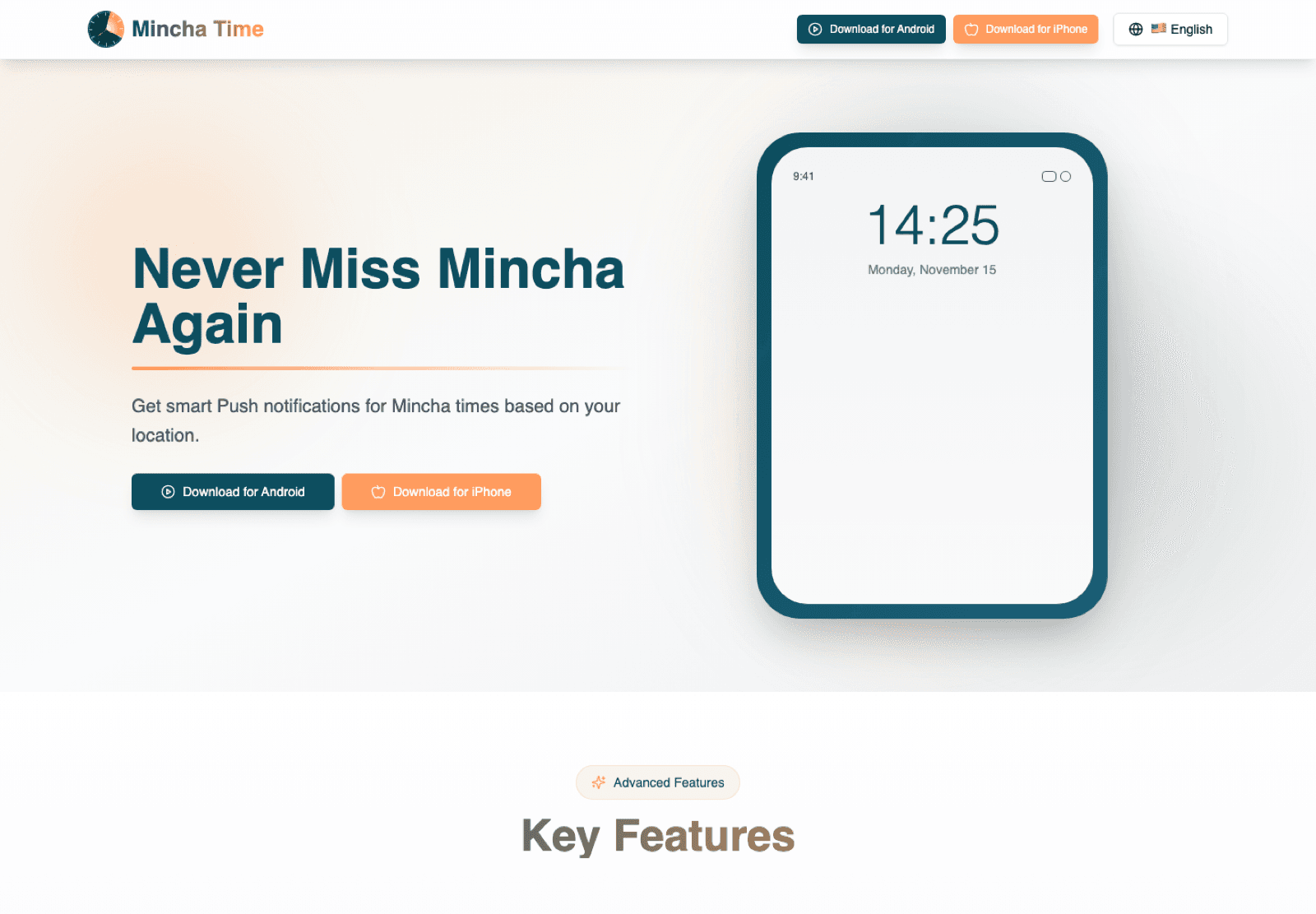 The Mincha Time landing page, offering the app for Android and iPhone with a phone mockup showing the current time